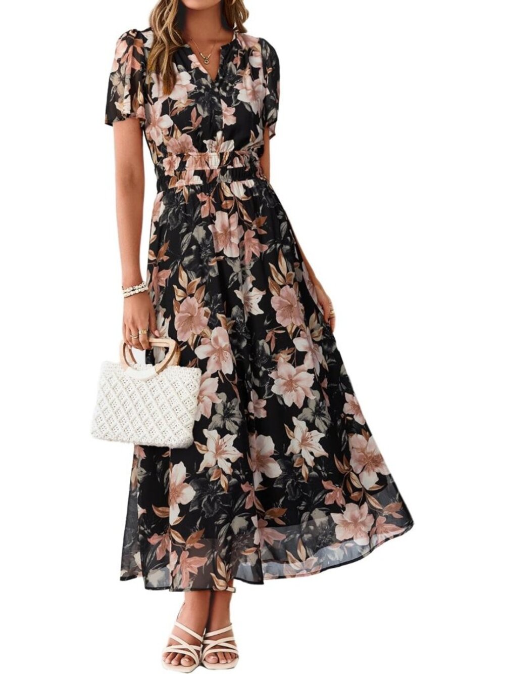 Floral Summer Maxi Dress - Boho Flowy Casual Chiffon V-Neck Wedding Guest Dress